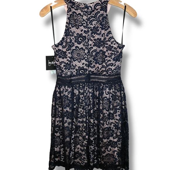 By & By Dress NWT Juniors Navy Blue Lace Overlay Blush Lined Back Zip - Picture 2 of 8